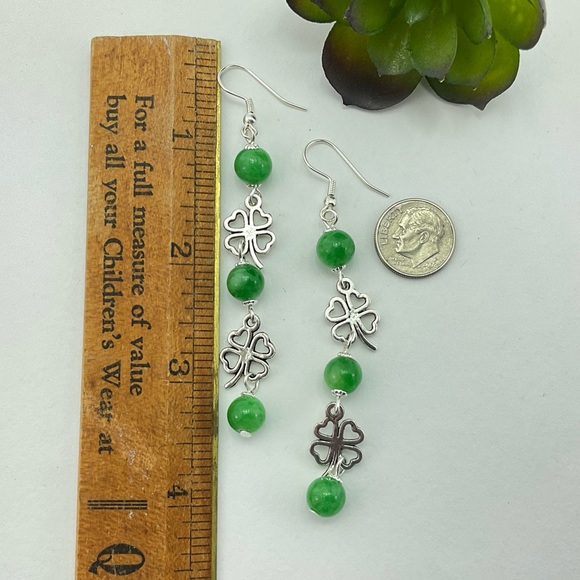 New Shamrock Dangle Earrings, Handmade, St Pats Day, Lucky Clover, Green Stone - Picture 4 of 6